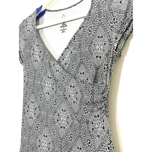 Prana Victoria Faux Wrap Dress Short Sleeve V-Neck Size Medium Black White - Picture 4 of 10